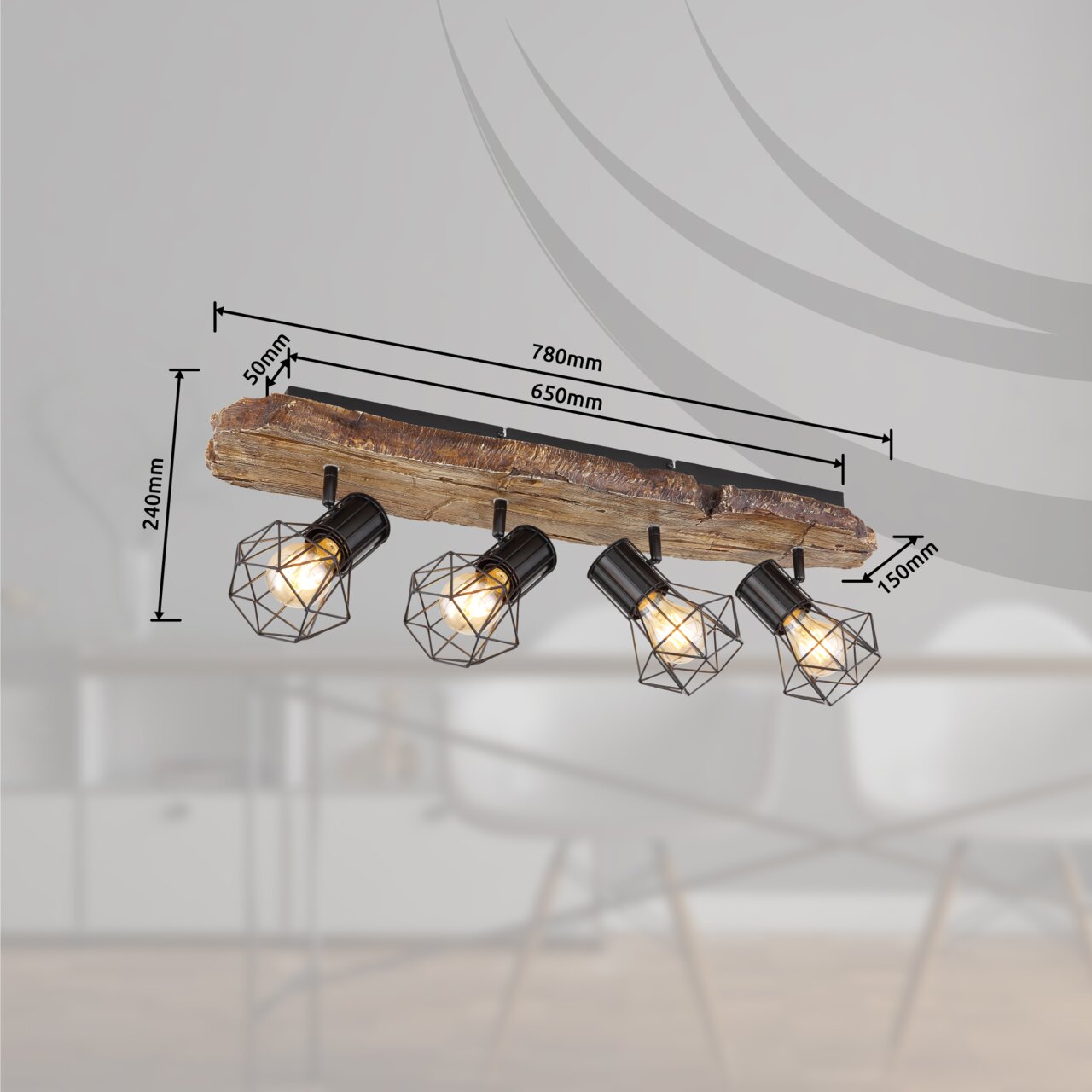 Deckenstrahler mit vier geometrischen Lampenschirmen aus Metall, montiert auf einem rustikalen Holzbalken, seitliche Perspektive.