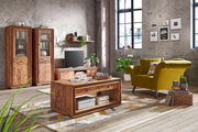Wohnzimmer mit rustikalem Couchtisch aus Holz, umgeben von grüner Samtcouch, Vitrinen und TV-Tisch, seitliche Perspektive.