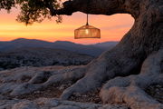 Outdoor-Hängeleuchte an einem Baum aufgehängt, beleuchtet bei Sonnenuntergang mit Blick auf eine bergige Landschaft.