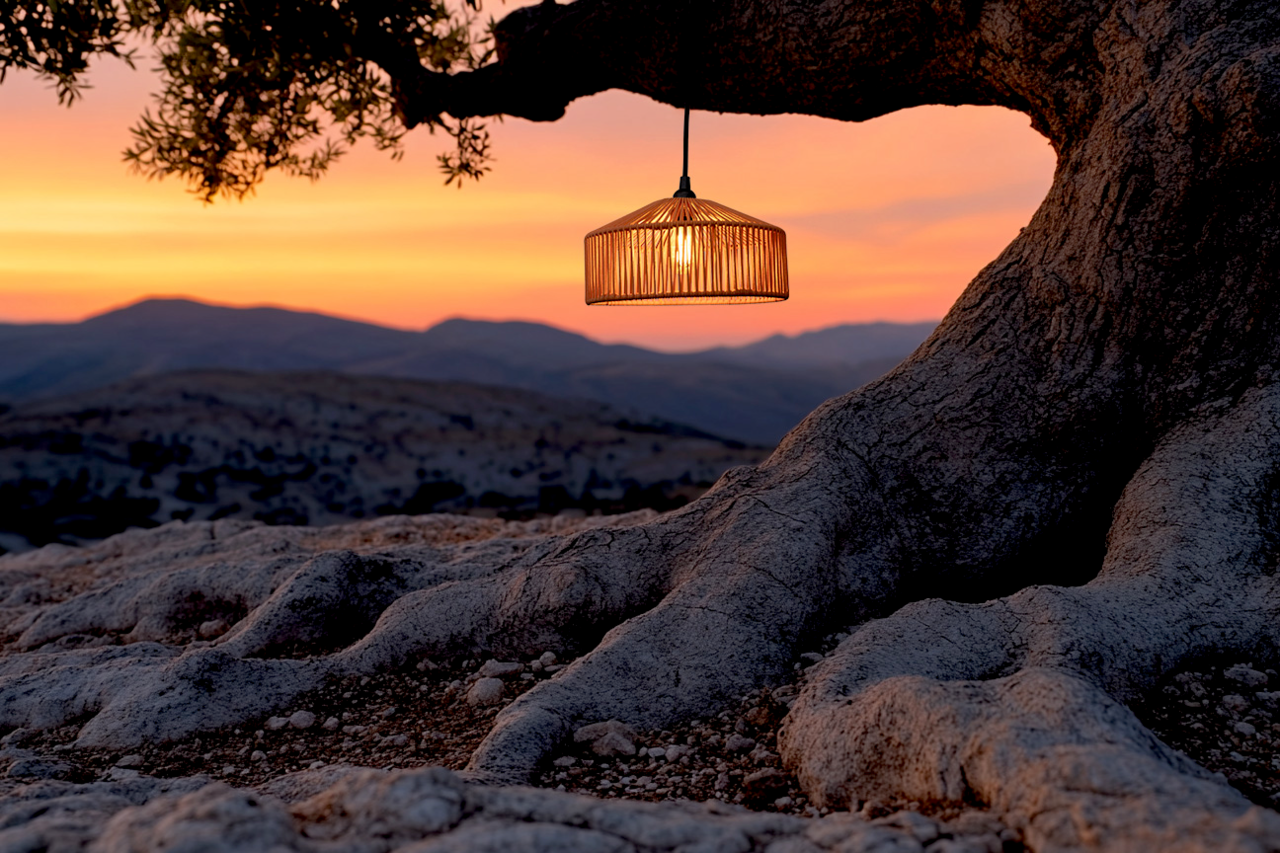 New Garden Outdoor-Hängeleuchte CALABARDINA Outdoor-Hängeleuchte an einem Baum aufgehängt, beleuchtet bei Sonnenuntergang mit Blick auf eine bergige Landschaft.