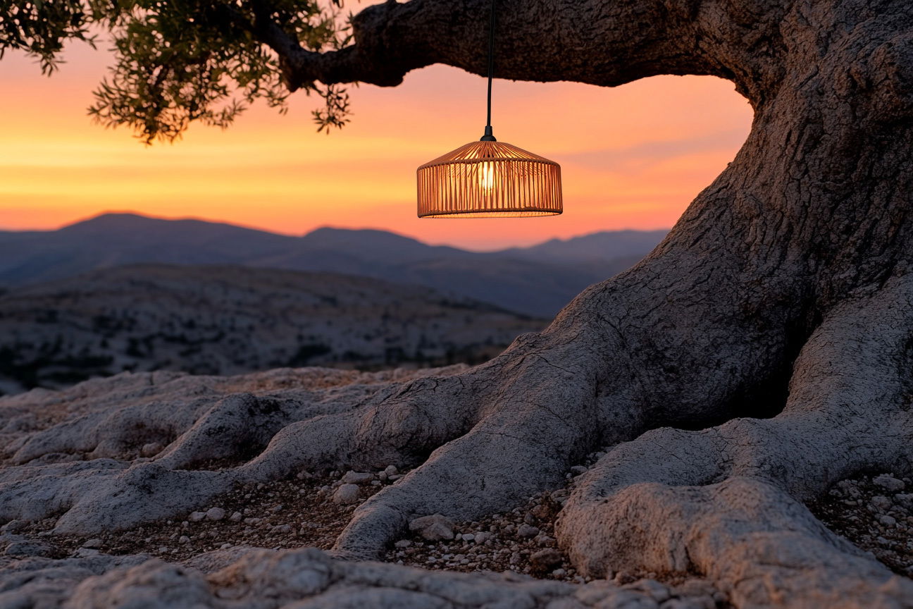Outdoor-Hängeleuchte an einem Baum aufgehängt, beleuchtet bei Sonnenuntergang mit Blick auf eine bergige Landschaft.