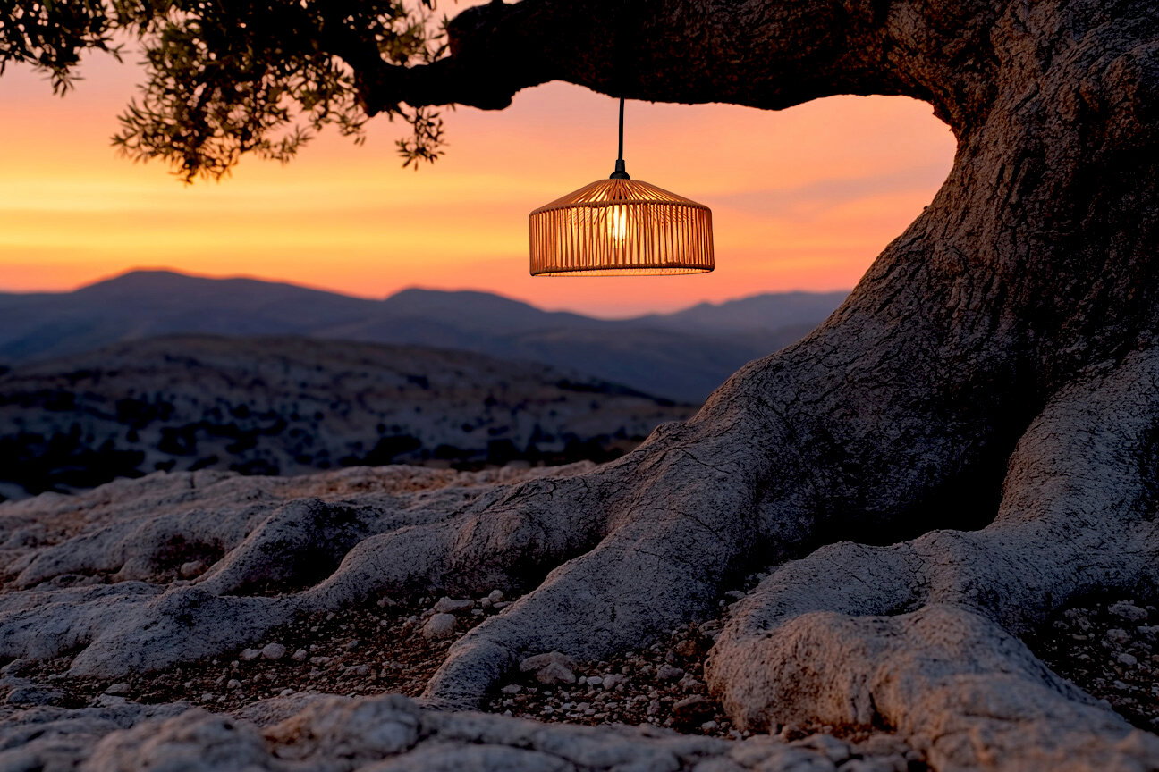 Outdoor-Hängeleuchte an einem Baum aufgehängt, beleuchtet bei Sonnenuntergang mit Blick auf eine bergige Landschaft.