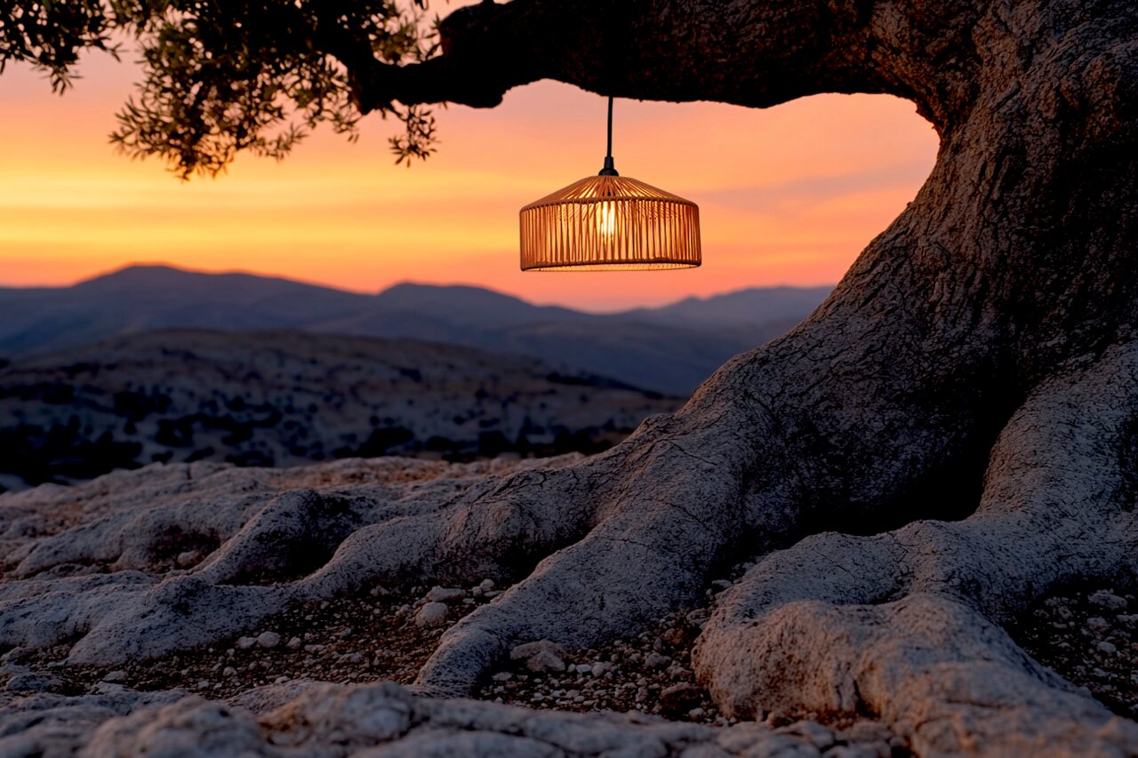 Outdoor-Hängeleuchte an einem Baum aufgehängt, beleuchtet bei Sonnenuntergang mit Blick auf eine bergige Landschaft.