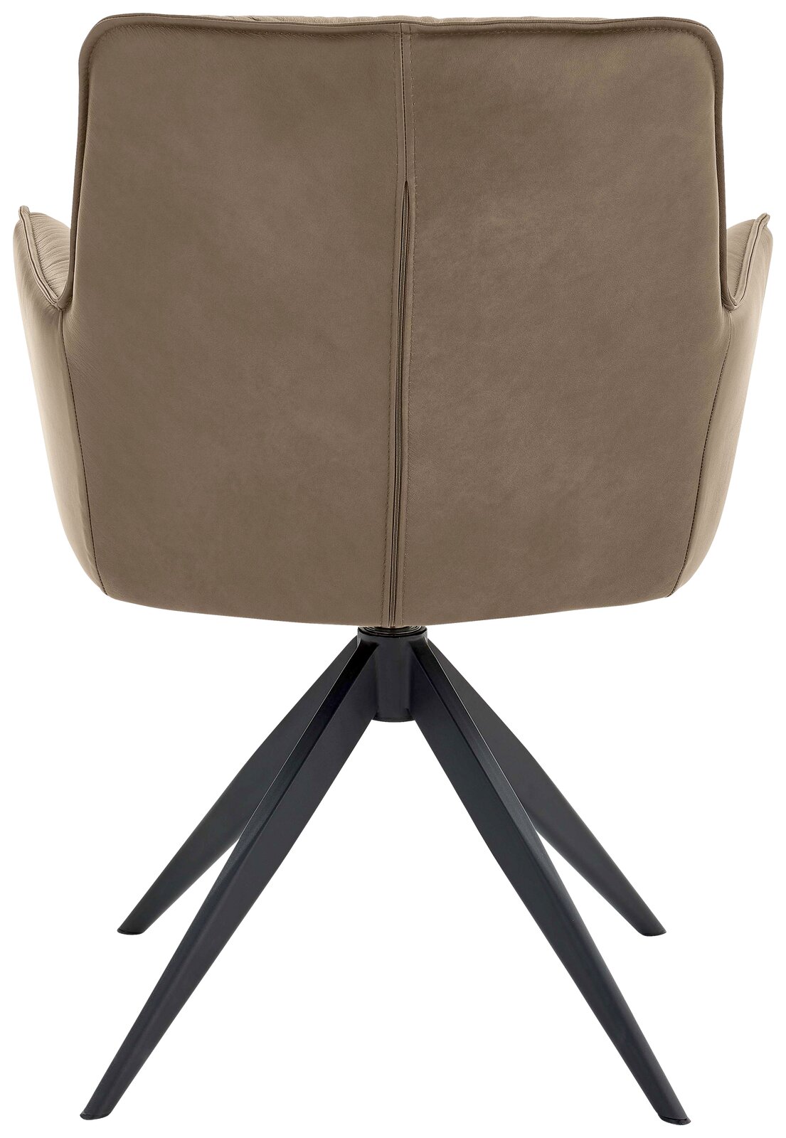 Rückansicht eines modernen Design-Schalensessels mit schwarzem Metallgestell und brauner Polsterung.