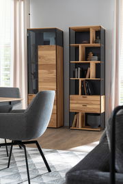 Modernes Regal aus Holz und Glas in einem Wohnzimmer, seitliche Perspektive