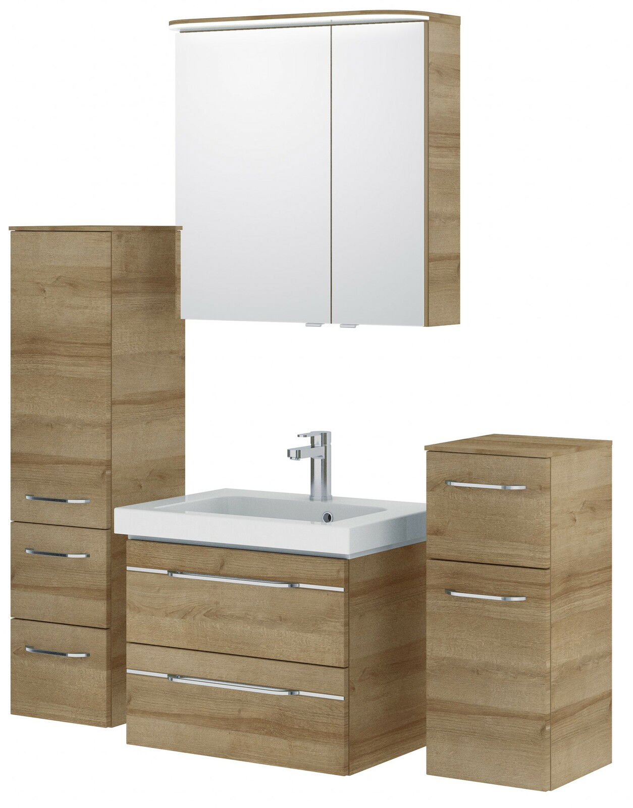 Pelipal Badblok BALTO SPRINT Moderner Badblock in Holzoptik mit Waschbecken und Spiegelschrank, Frontalansicht