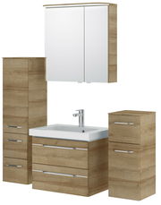 Moderner Badblock in Holzoptik mit Waschbecken und Spiegelschrank, Frontalansicht