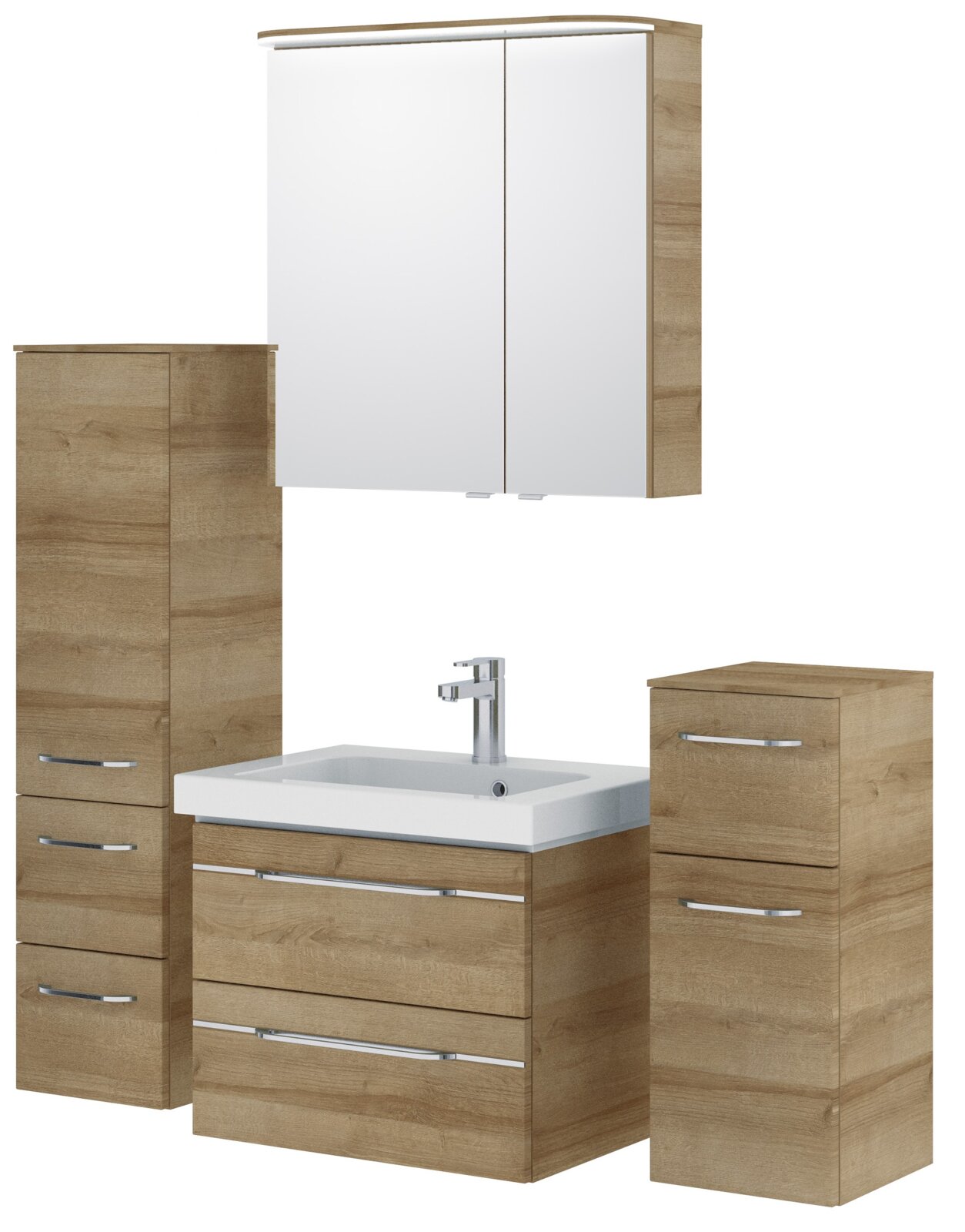 Moderner Badblock in Holzoptik mit Waschbecken und Spiegelschrank, Frontalansicht
