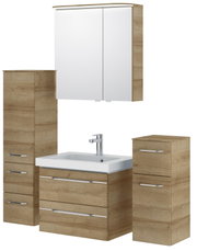 Moderner Badblock in Holzoptik mit Waschbecken und Spiegelschrank, Frontalansicht