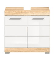 Moderner Waschbeckenunterschrank in Holzoptik mit weißen Fronten, frontal betrachtet.