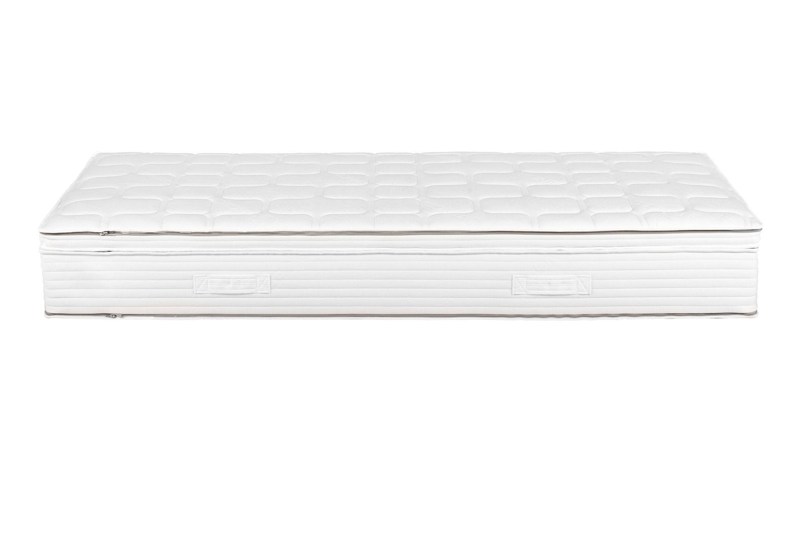 Seitliche Ansicht einer weißen Taschenfederkernmatratze H3 mit gestepptem Bezug.