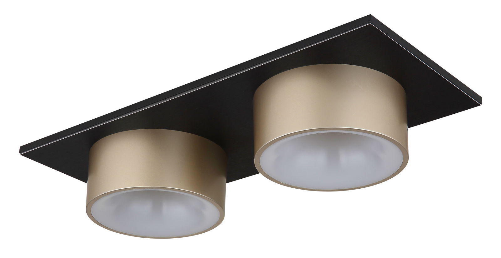 Moderne Deckenleuchte mit zwei zylinderförmigen, goldfarbenen Lampenschirmen auf einer rechteckigen schwarzen Basis, Perspektive von unten.
