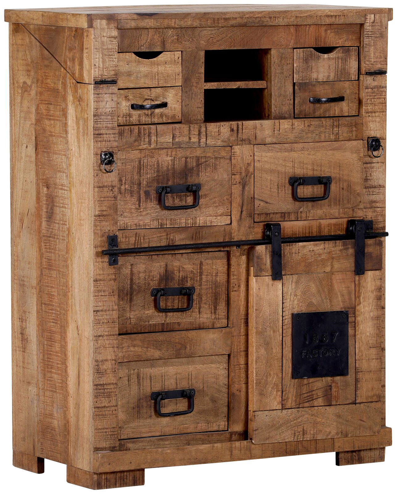 Landscape Sekretär BARNEY Rustikaler Sekretär aus Holz mit mehreren Schubladen und Fächern, seitliche Perspektive
