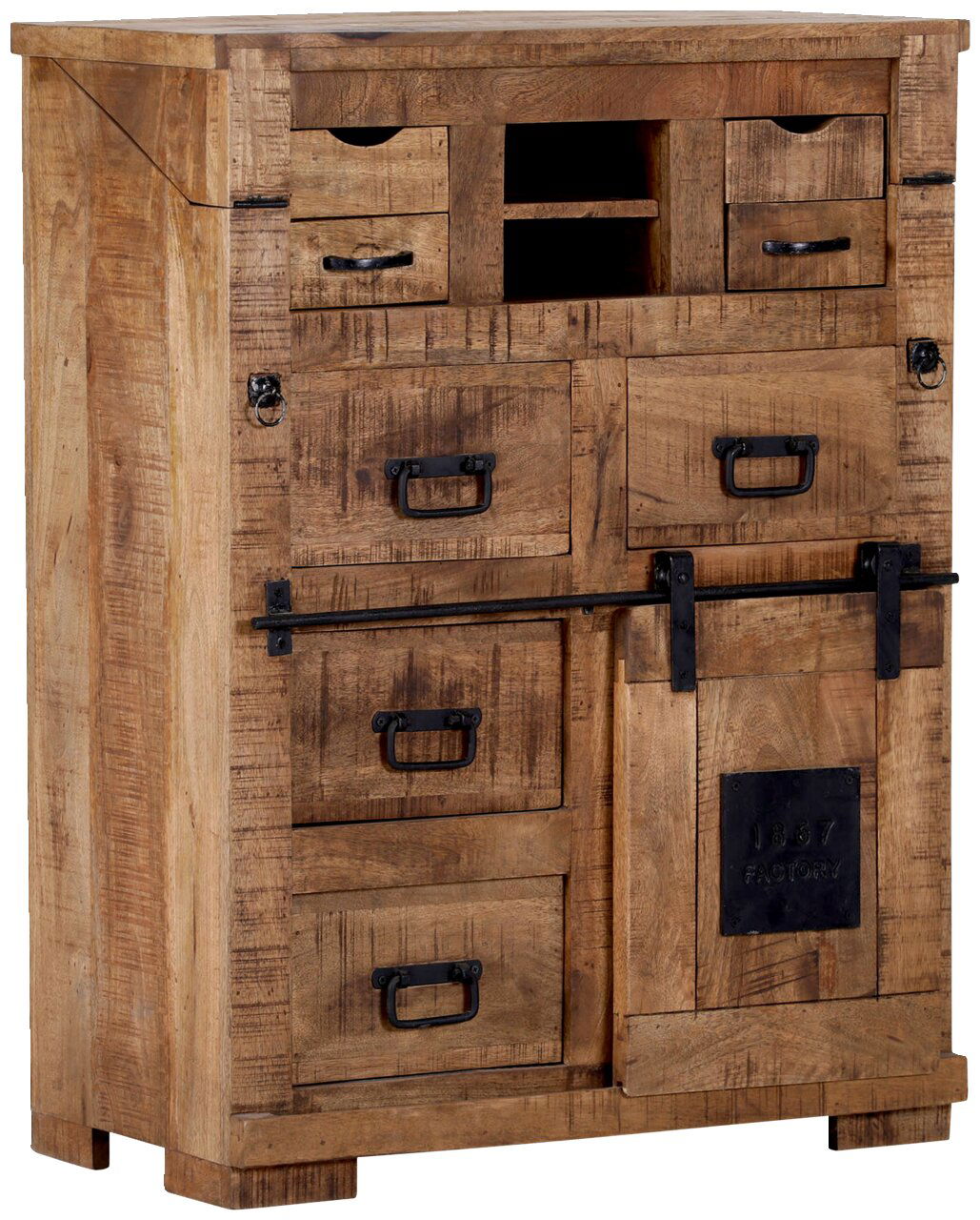 Landscape Sekretär BARNEY Rustikaler Sekretär aus Holz mit mehreren Schubladen und Fächern, seitliche Perspektive