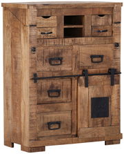 Rustikaler Sekretär aus Holz mit mehreren Schubladen und Fächern, seitliche Perspektive