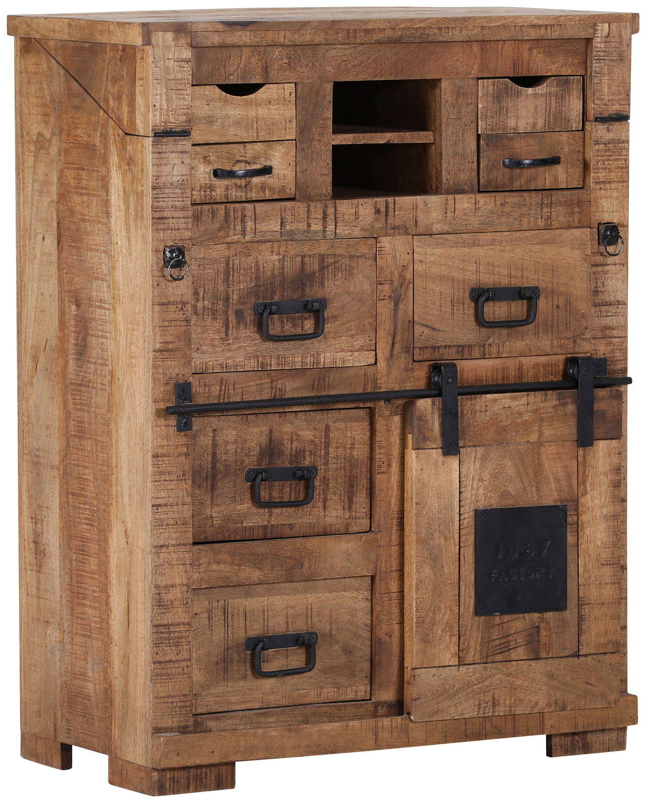 Rustikaler Sekretär aus Holz mit mehreren Schubladen und Fächern, seitliche Perspektive