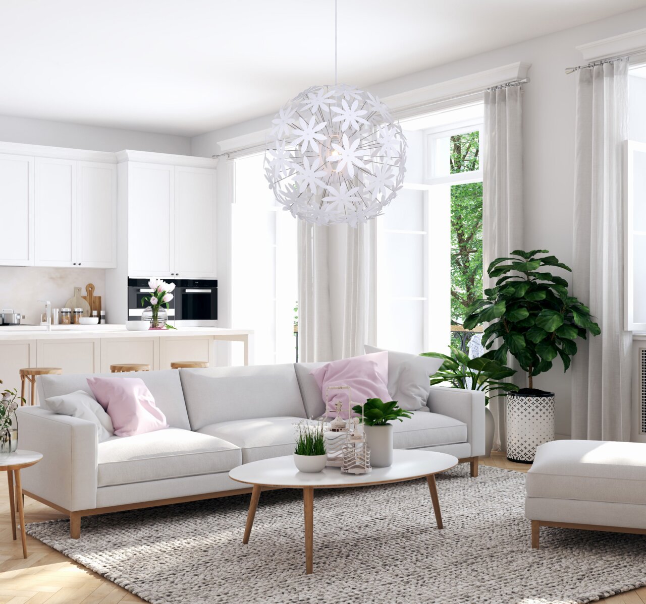 Moderne Hängeleuchte in Blumenform, zentral im Wohnzimmer über einem Couchtisch hängend, mit Blick auf eine helle und stilvolle Einrichtung.