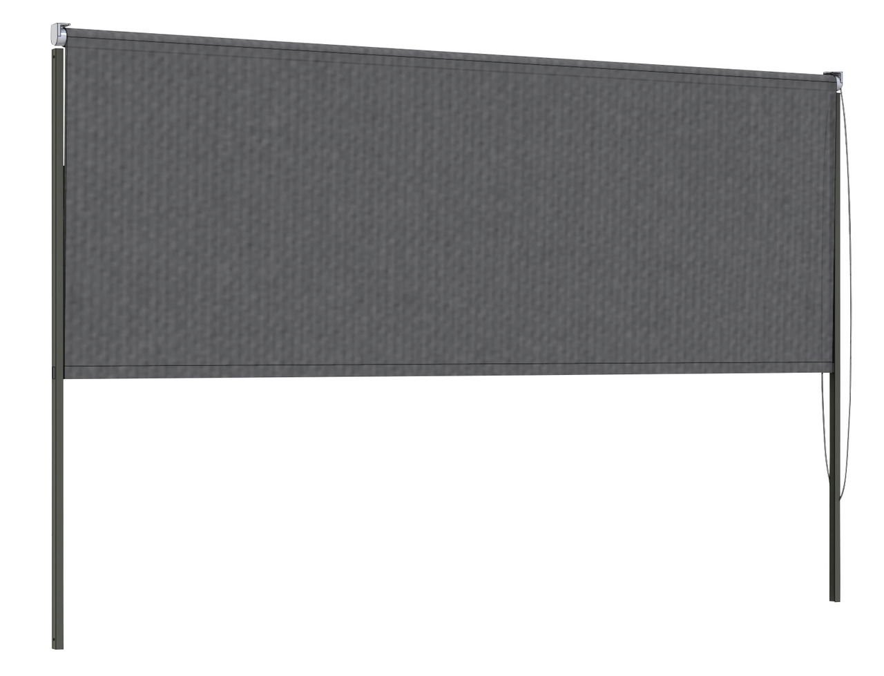 Graues Rollo in seitlicher Perspektive mit Metallrahmen und Zugkordel.