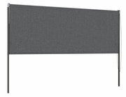 Graues Rollo in seitlicher Perspektive mit Metallrahmen und Zugkordel.