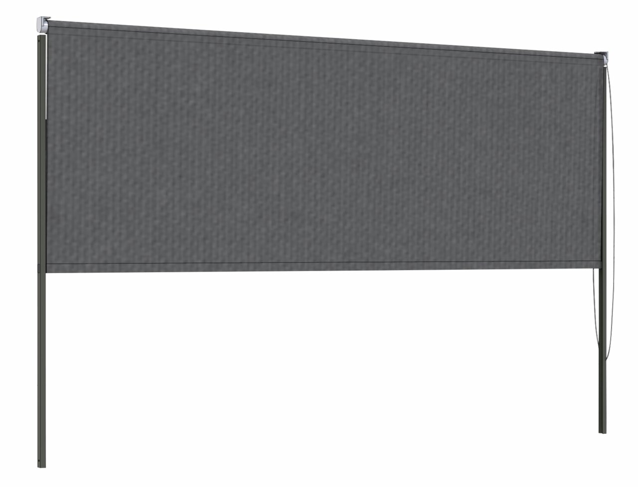 Graues Rollo in seitlicher Perspektive mit Metallrahmen und Zugkordel.