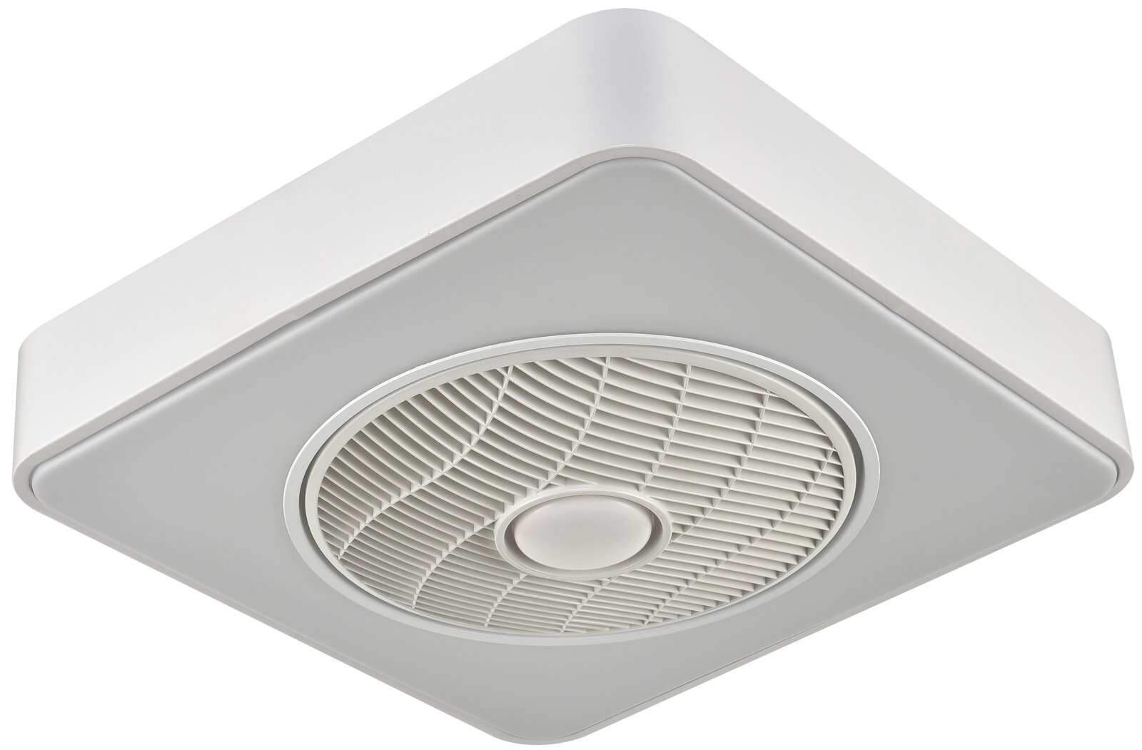 Weißer quadratischer Deckenlüfter mit rundem Luftgitter in der Mitte, Ansicht von unten in leichter Schrägperspektive.