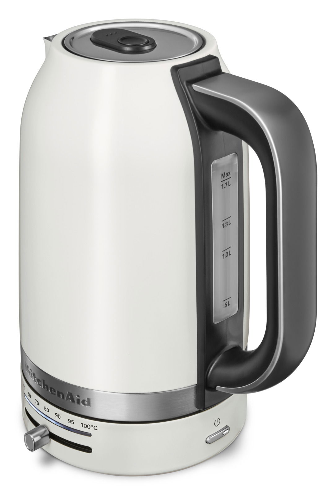 Weißer Wasserkocher mit 1,7 Liter Fassungsvermögen, seitliche Ansicht mit Temperaturanzeige und Wasserstandsanzeige.