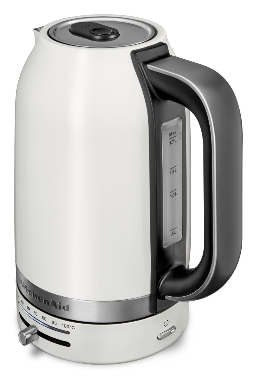 Weißer Wasserkocher mit 1,7 Liter Fassungsvermögen, seitliche Ansicht mit Temperaturanzeige und Wasserstandsanzeige.