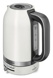 Weißer Wasserkocher mit 1,7 Liter Fassungsvermögen, seitliche Ansicht mit Temperaturanzeige und Wasserstandsanzeige.