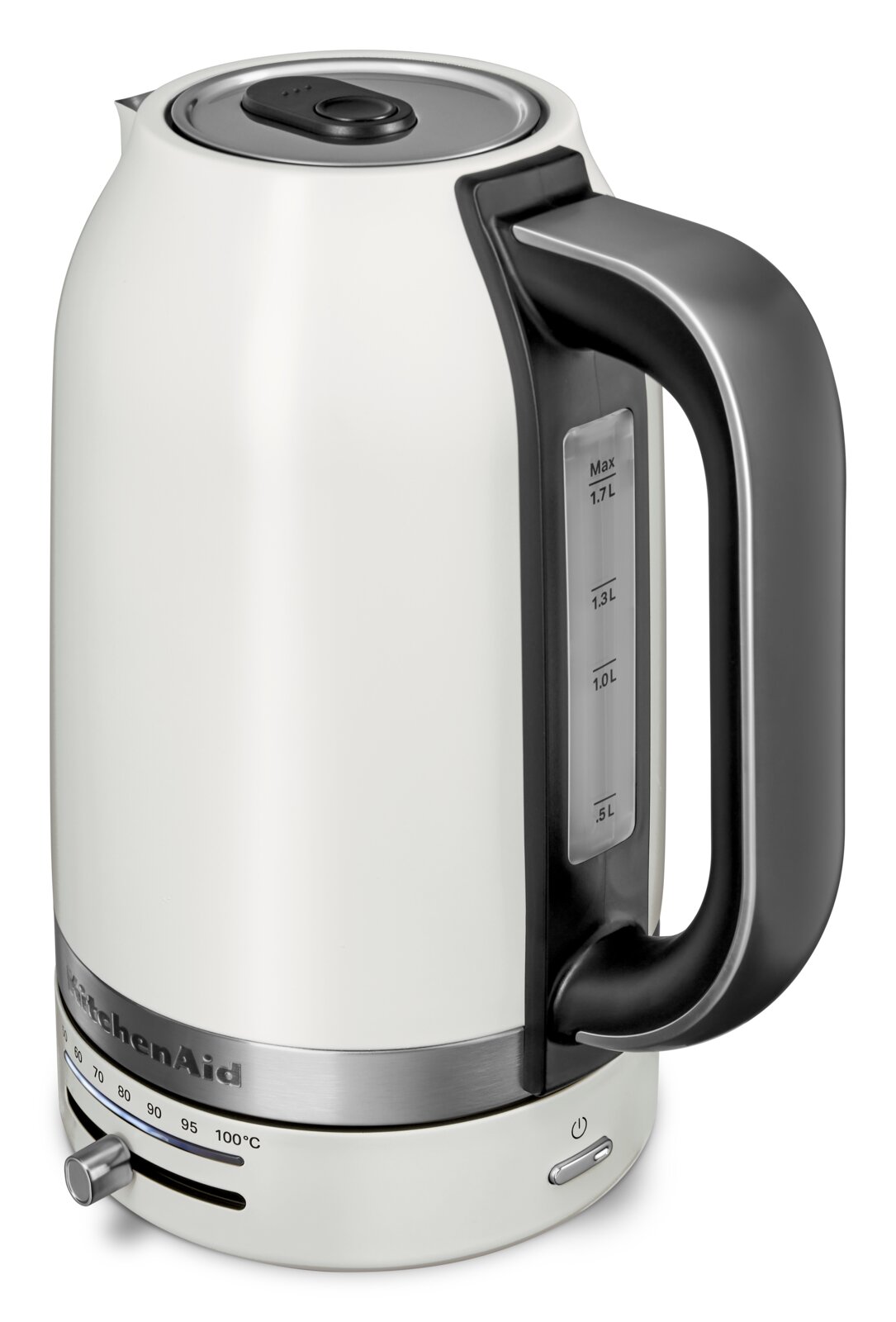 Witte waterkoker met een inhoud van 1,7 liter, zijaanzicht met temperatuur- en waterpeilindicator.