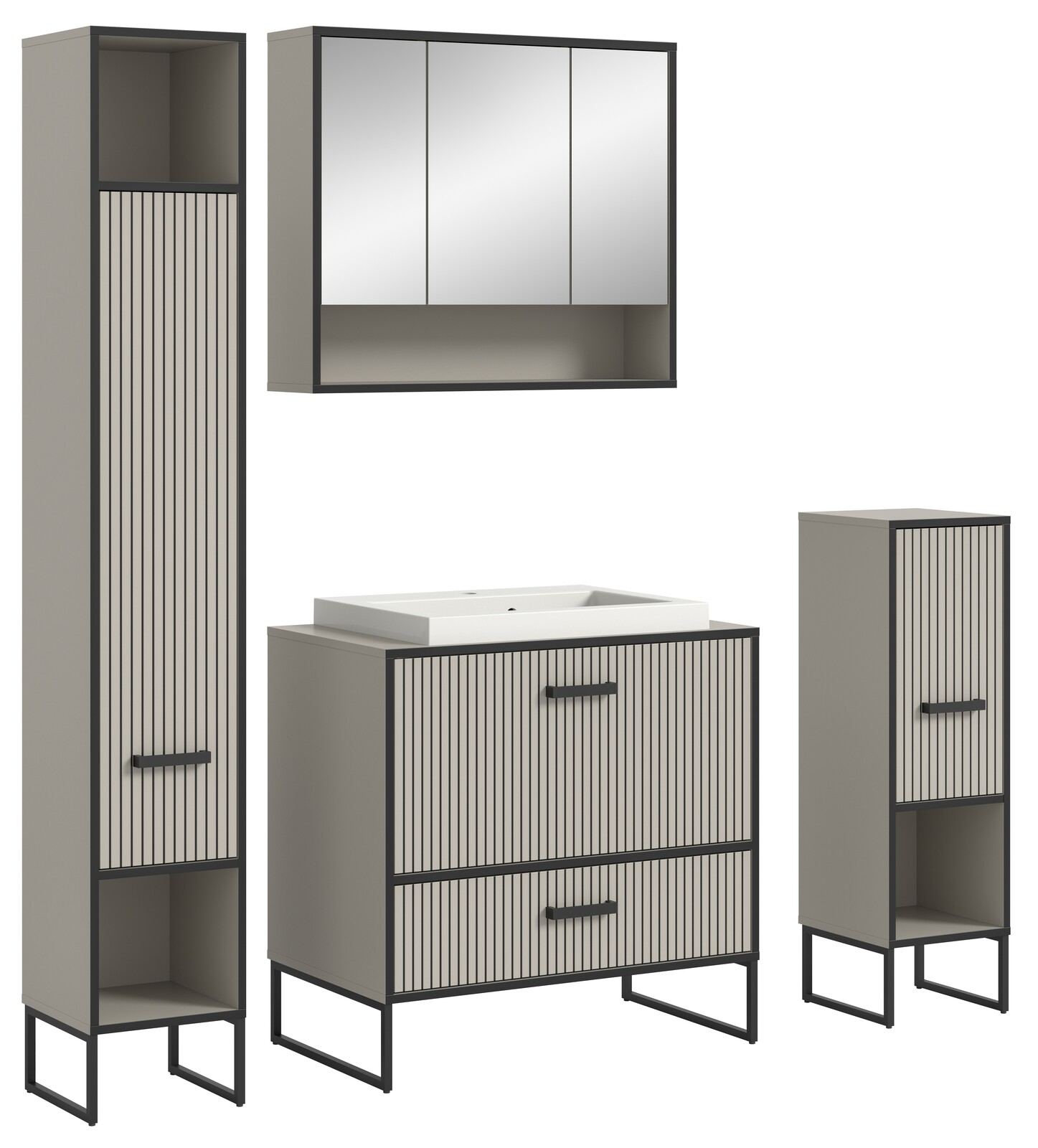 MID.YOU Badkombination BAGNO Moderne Badkombination mit vertikalen Streifen, bestehend aus einem hohen Schrank, einem Waschbeckenunterschrank mit Waschbecken, einem Spiegelschrank und einem kleinen Schrank, frontal betrachtet.