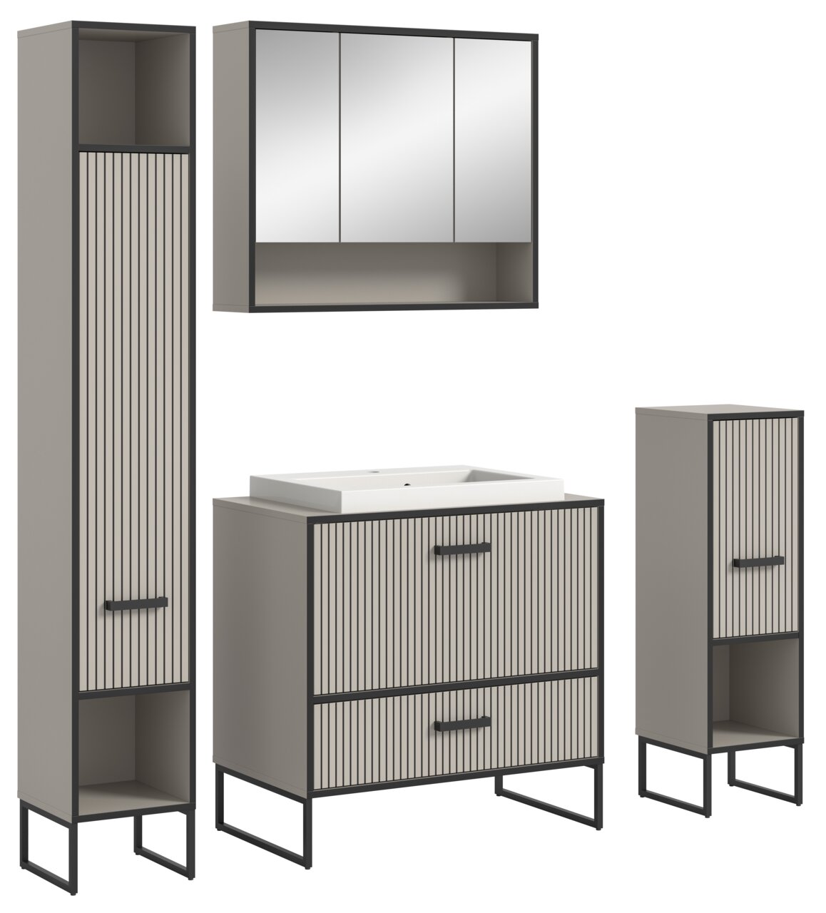 MID.YOU Badkombination BAGNO Moderne Badkombination mit vertikalen Streifen, bestehend aus einem hohen Schrank, einem Waschbeckenunterschrank mit Waschbecken, einem Spiegelschrank und einem kleinen Schrank, frontal betrachtet.