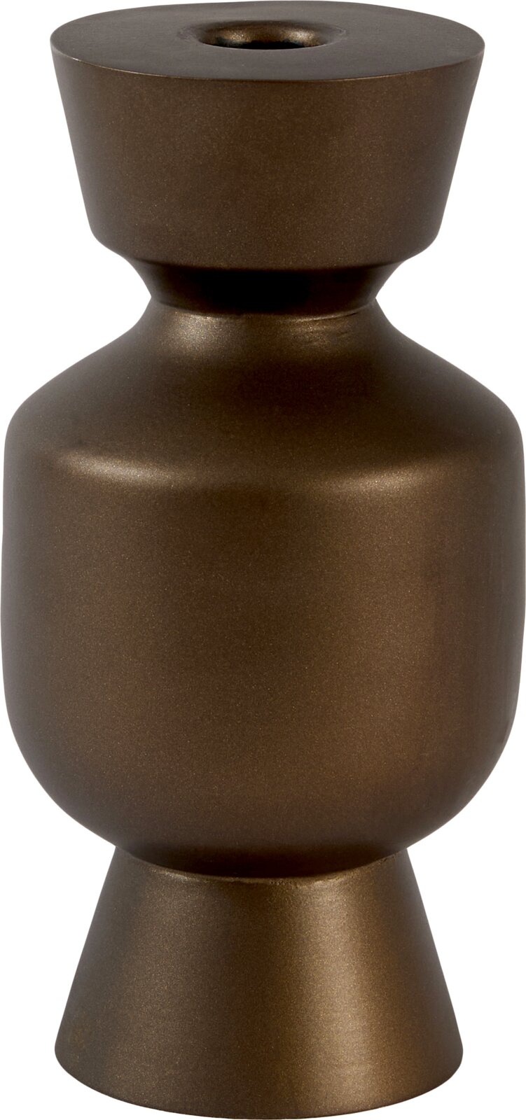 Decoratieve bronzen kandelaar met geometrisch silhouet, centraal van voren en licht van boven weergegeven tegen een witte achtergrond