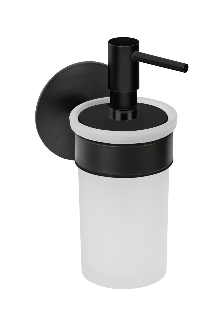 Schöner Wohnen Zeepdispenser MELETO Schwarzer Seifenspender Meleto, seitliche Ansicht, mit modernem Design und Wandhalterung.