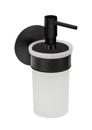 Schwarzer Seifenspender Meleto, seitliche Ansicht, mit modernem Design und Wandhalterung.