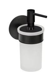Zwarte zeepdispenser Meleto, zijaanzicht, met een modern ontwerp en wandbevestiging.
