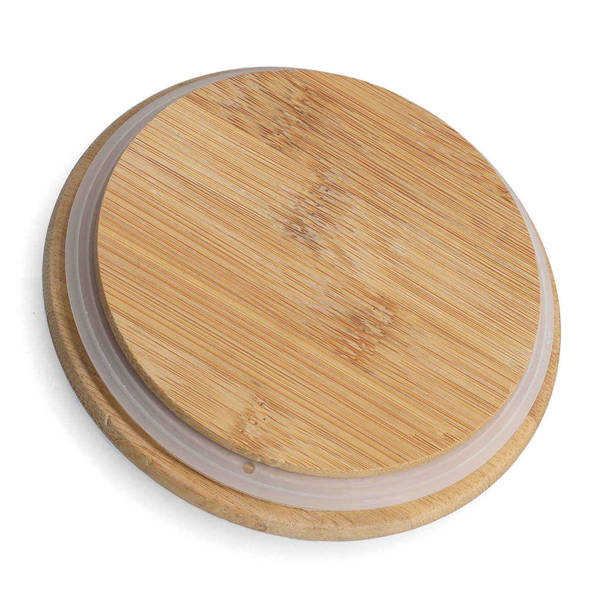 Runde Bambusdeckel aus der Vogelperspektive, passend für eine Vorratsdose.