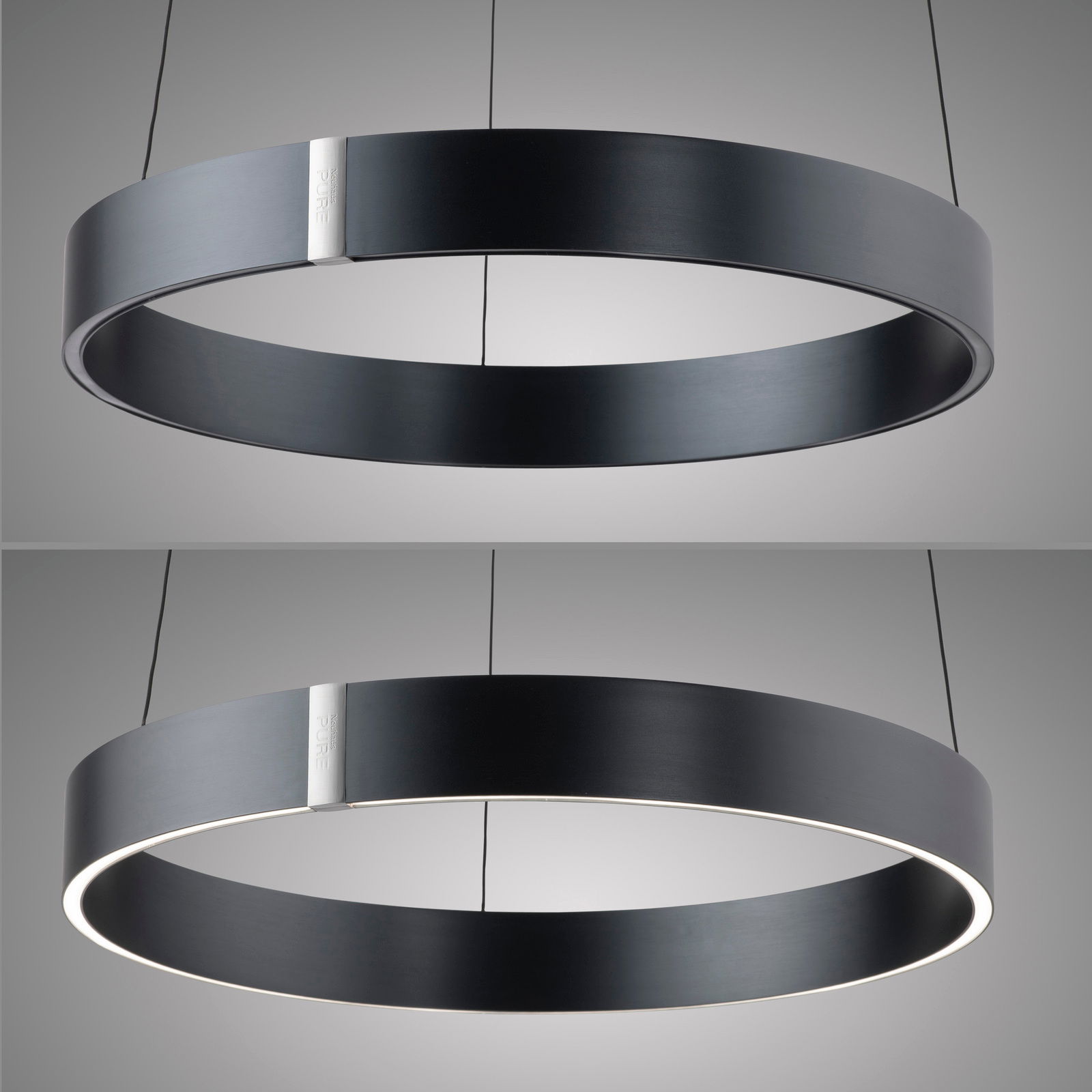 Moderne, schwarze Pendelleuchte PURE E-Clipse in Ringform, von unten betrachtet, mit elegantem, minimalistischem Design.