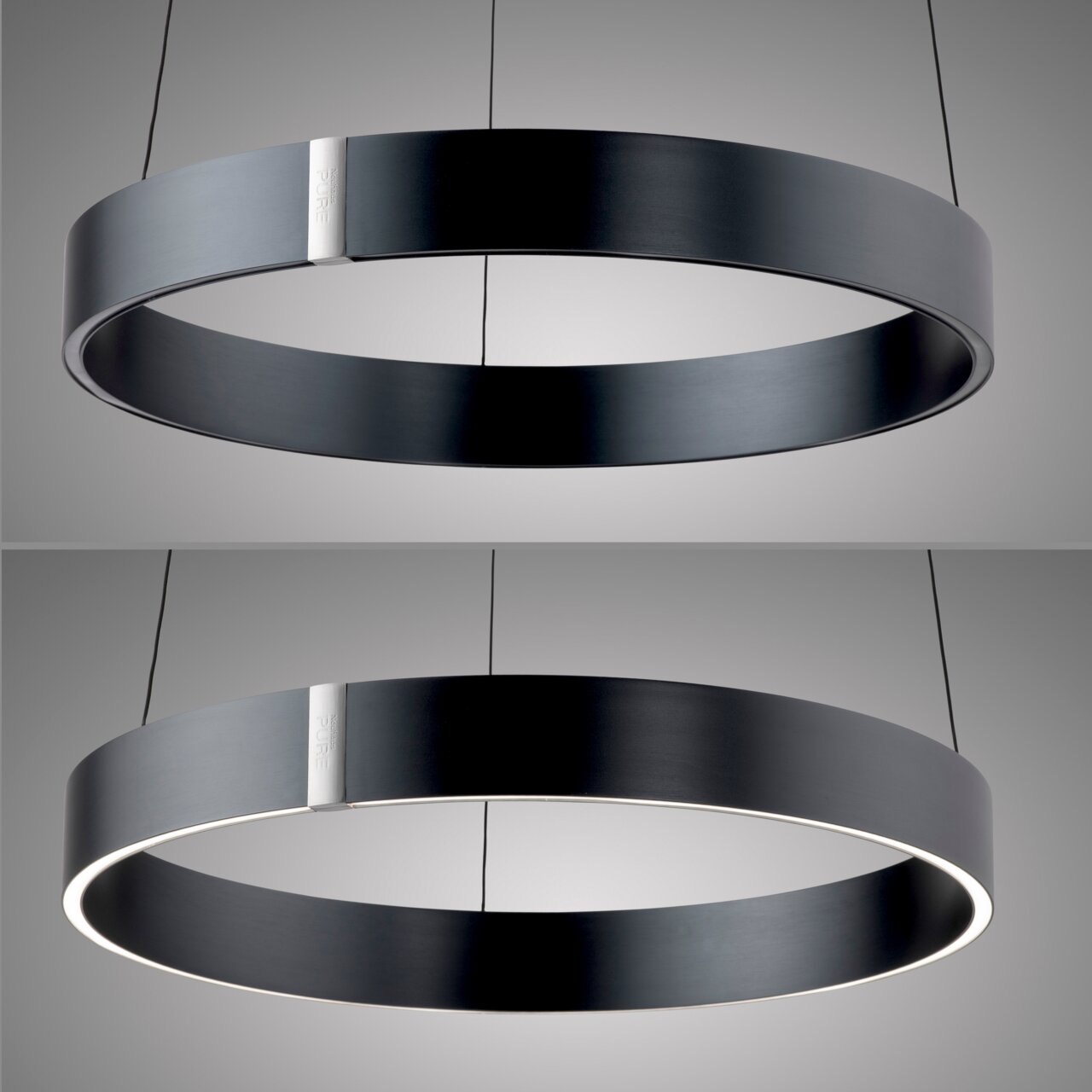Moderne, schwarze Pendelleuchte PURE E-Clipse in Ringform, von unten betrachtet, mit elegantem, minimalistischem Design.