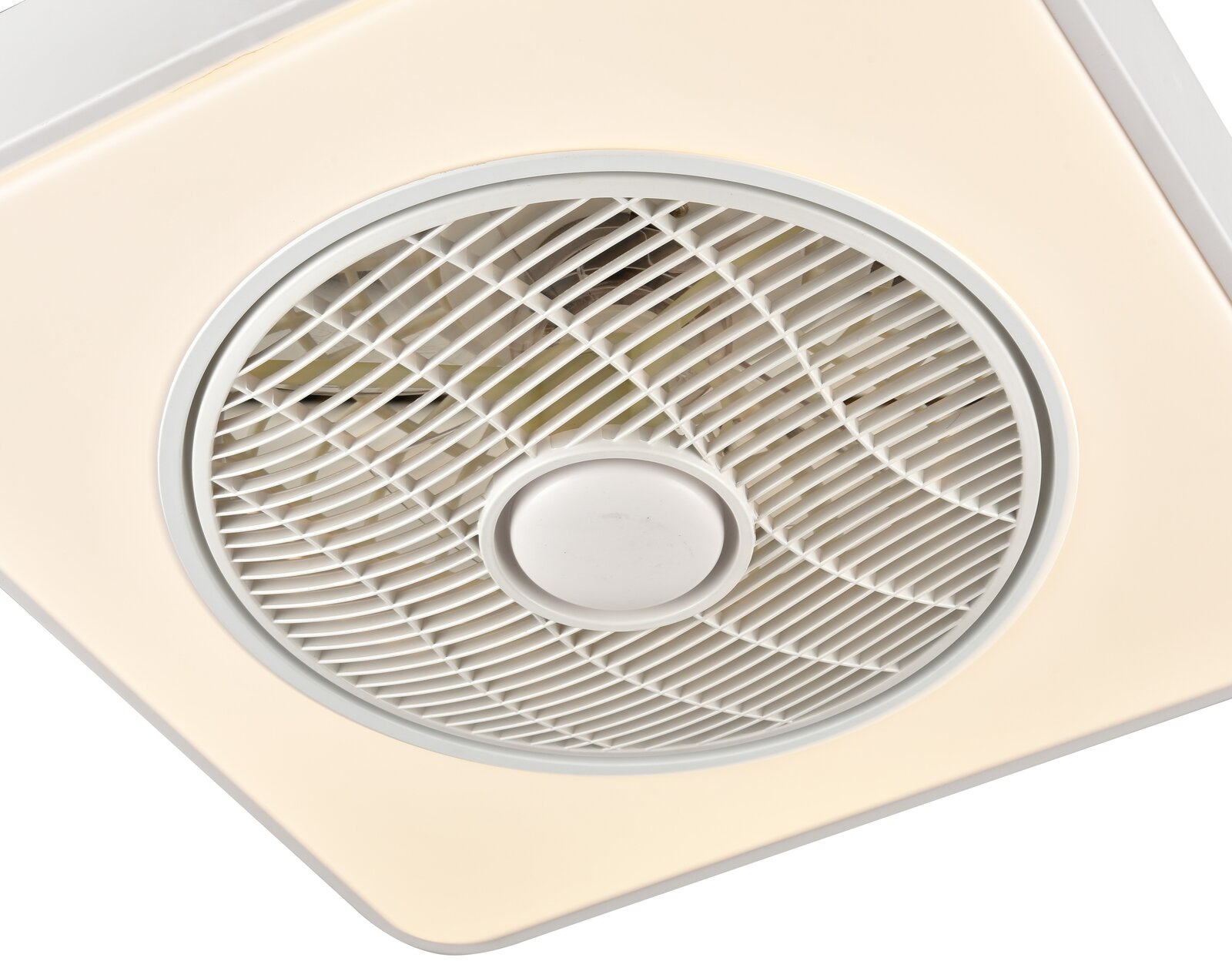 Quadratische Deckenleuchte in Weiß mit integriertem rundem Ventilatorgitter und warmweißem Licht, Ansicht von unten (Untersicht).