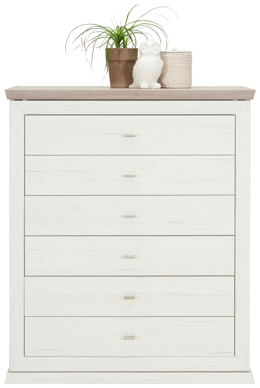 Weiße Kommode mit sechs Schubladen, dekoriert mit einer Pflanze, einer Eulenfigur und einem Korb auf der Oberseite, Frontalansicht.