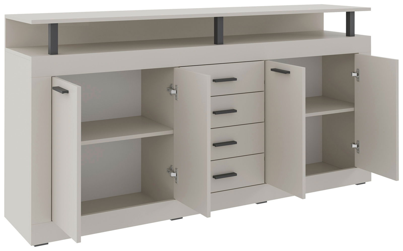 XL-Sideboard in heller Farbe mit offenen Türen und Schubladen, Frontansicht