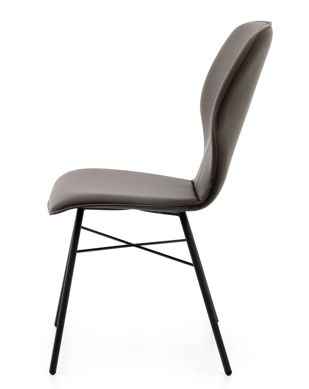 Moderner Stuhl mit grauem Polster und schwarzen Metallbeinen, Seitenansicht