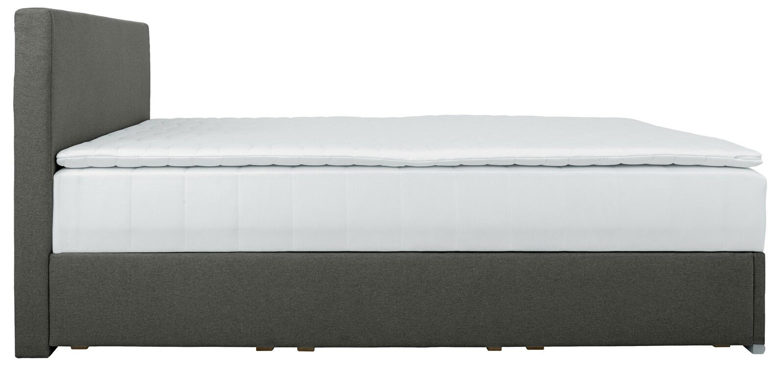 Seitenansicht eines grauen Boxbetts mit weißer Matratze und Kopfteil.