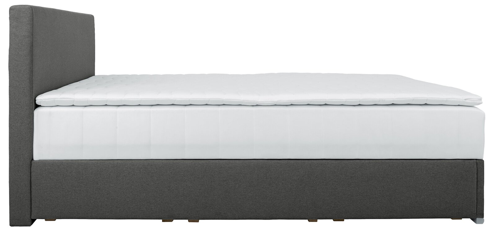 Seitenansicht eines grauen Boxbetts mit weißer Matratze und Kopfteil.