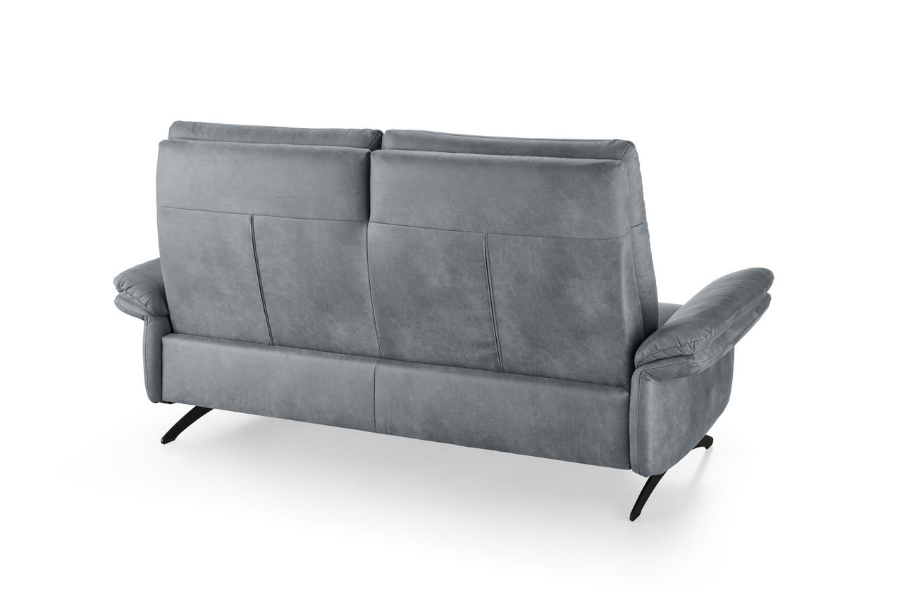 Rückansicht eines grauen 2,5-Sitzer Sofas mit gepolsterten Armlehnen und modernen schwarzen Beinen.