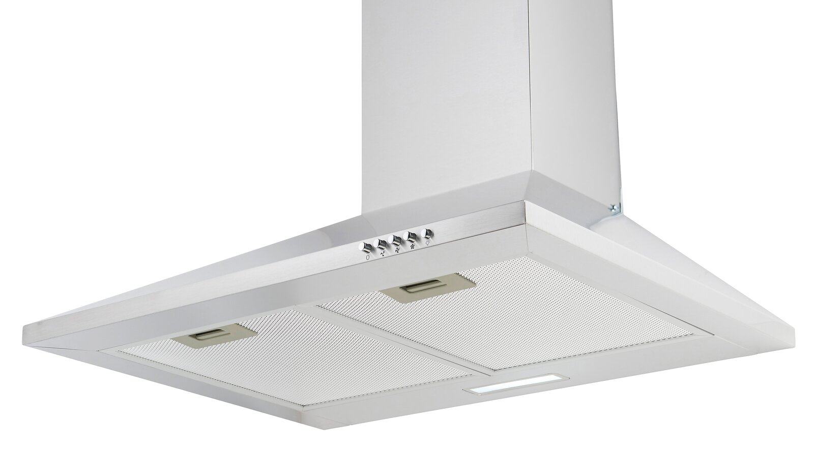 Moderne Edelstahl-Dunstabzugshaube in schräger Perspektive von unten, mit Bedienelementen und Beleuchtung.