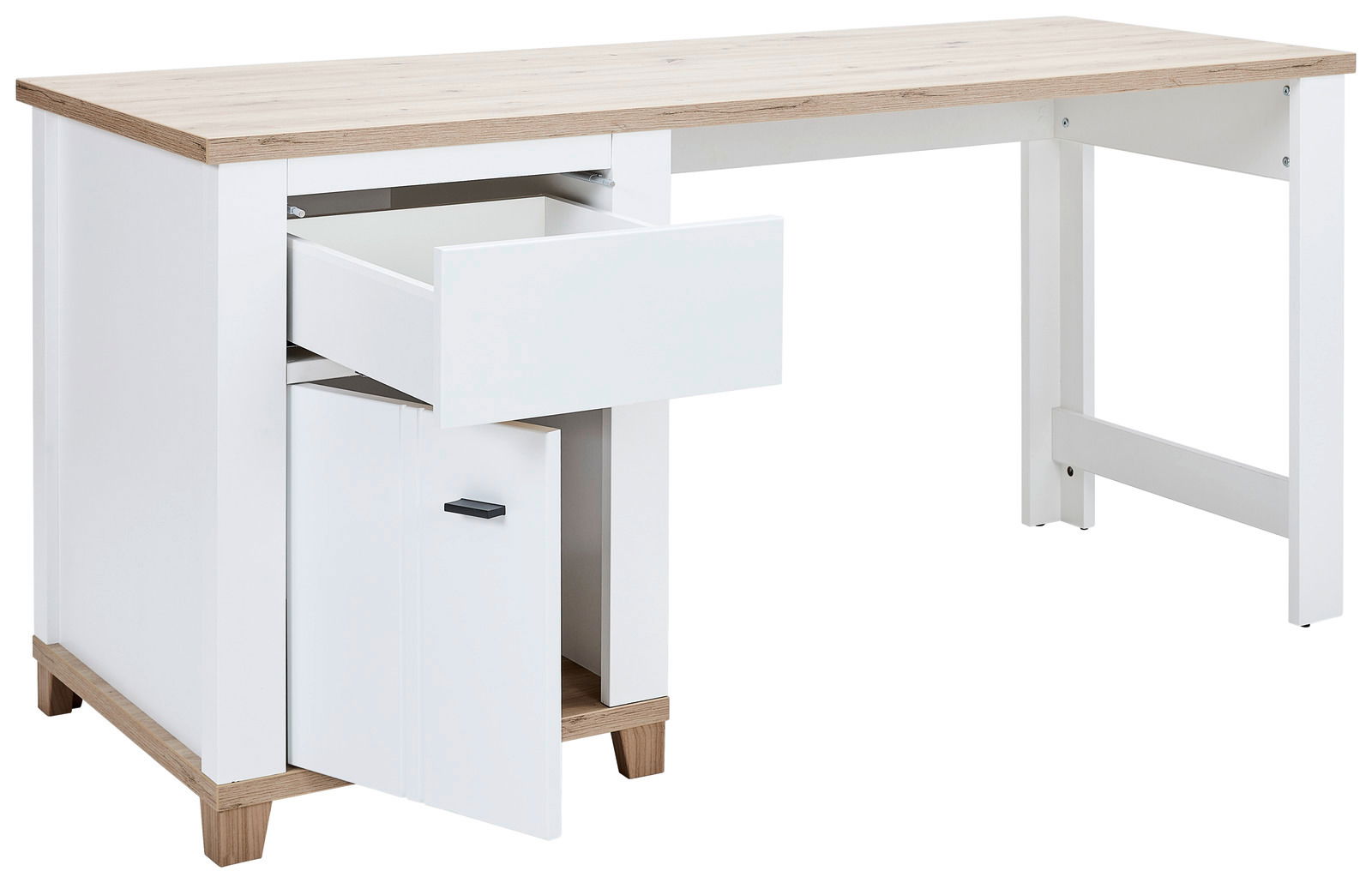 Moderner Schreibtisch mit Holzplatte, einer Schublade und einem Schrank, seitliche Perspektive