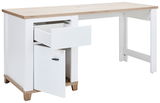 Moderner Schreibtisch mit Holzplatte, einer Schublade und einem Schrank, seitliche Perspektive