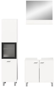 Frontale Ansicht der Badkombination BOSTON von MID.YOU, bestehend aus einem hohen Schrank mit Glaseinsatz, einem Spiegel und einem Unterschrank mit zwei Türen.