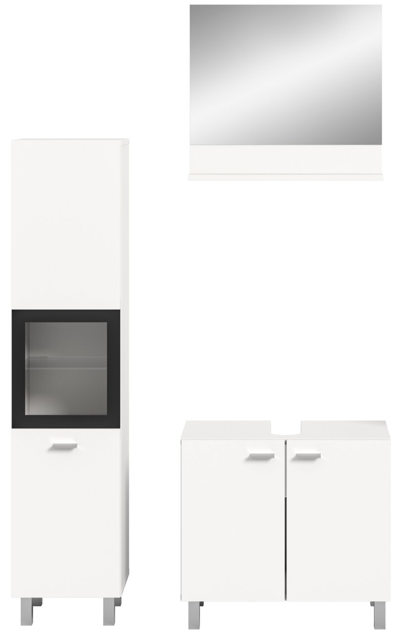 Frontale Ansicht der Badkombination BOSTON von MID.YOU, bestehend aus einem hohen Schrank mit Glaseinsatz, einem Spiegel und einem Unterschrank mit zwei Türen.